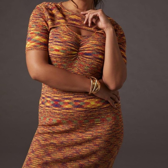 Anthropologie Current Air Short sleeve orange knit Cutout Mini Dress Small NWT - Picture 2 of 11